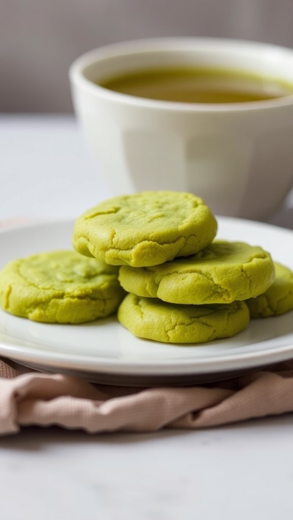 A plate of Matcha Green Tea Cookies with a cup of green tea in the background.